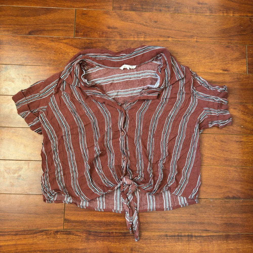 Sunburst Kiss Rust and Cream Striped Tie-Front Crop Top